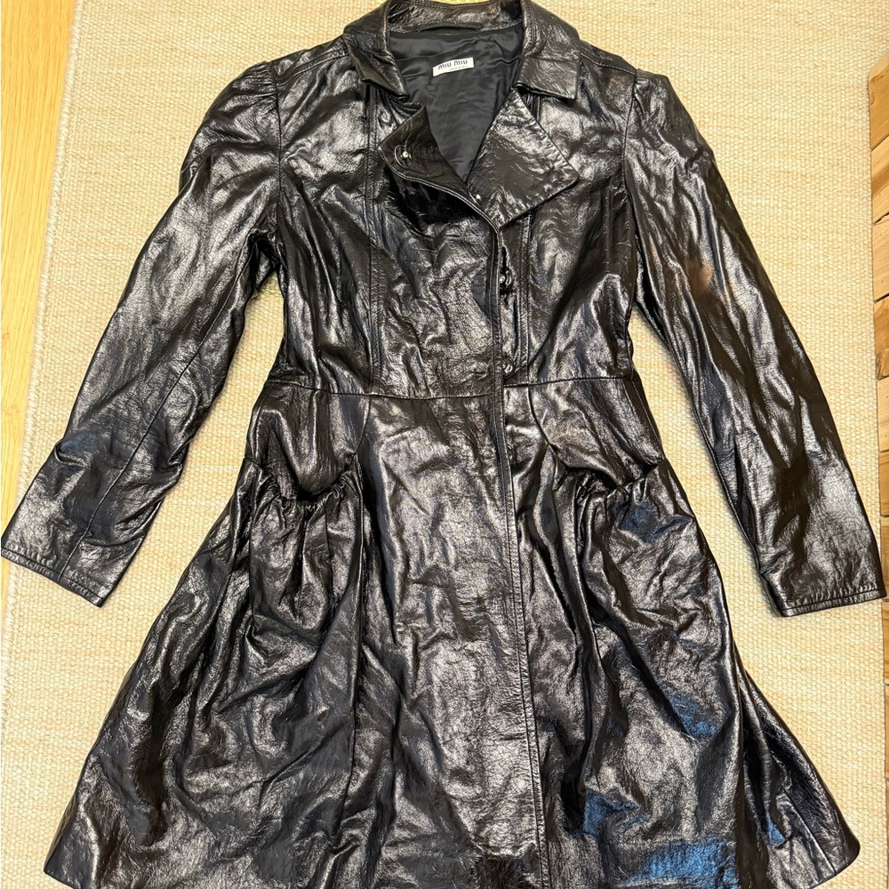 Miu Miu Glossy Black Faux Leather Trench Coat